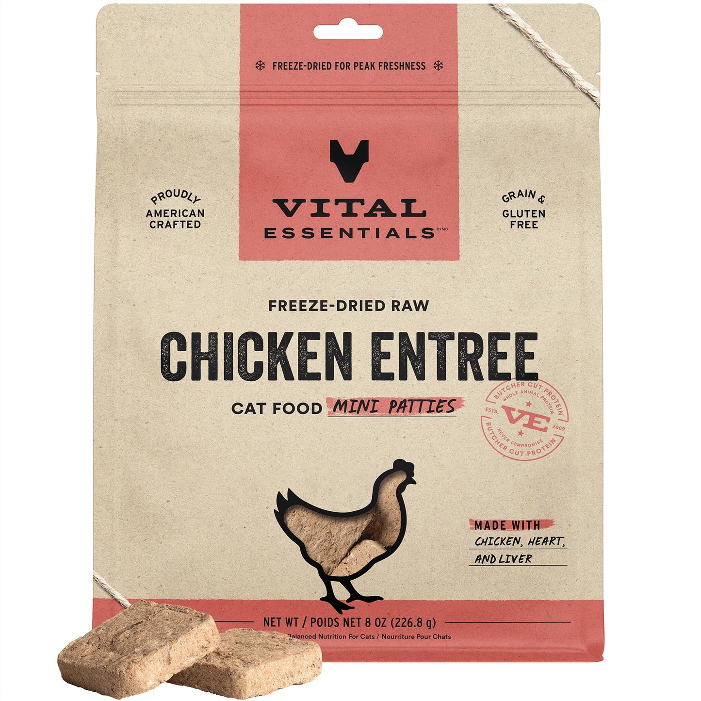 Vital Essentials Freeze Dried Raw Cat Food, Chicken Mini Patties Entree, 8 oz