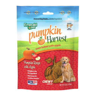 Emerald Pet Pumpkin Harvest Pumpkin Dog Treats - Low-Fat Chewy Natural Dog Treats with Pumpkin for Digestive Health - Meat Free, Poultry Free, Wheat Free Dog Treats - Apple, 6 oz