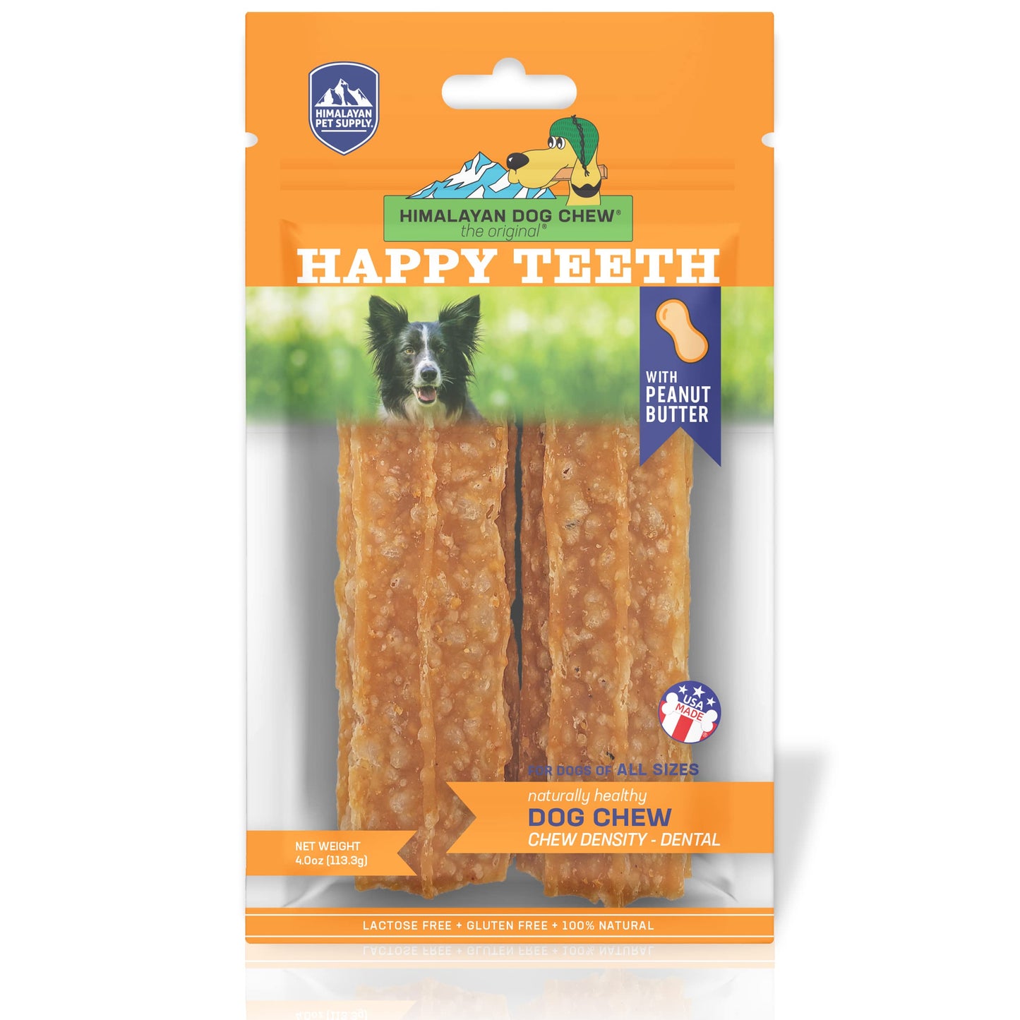 Happy Teeth Natural Cheese Dog Chews | Peanut Butter Flavor | Dental Chew | Protein Rich | Gluten Free - Lactose Free - Wheat Free - Soy Free | 2 Happy Teeth Chews per Resealable Pouch