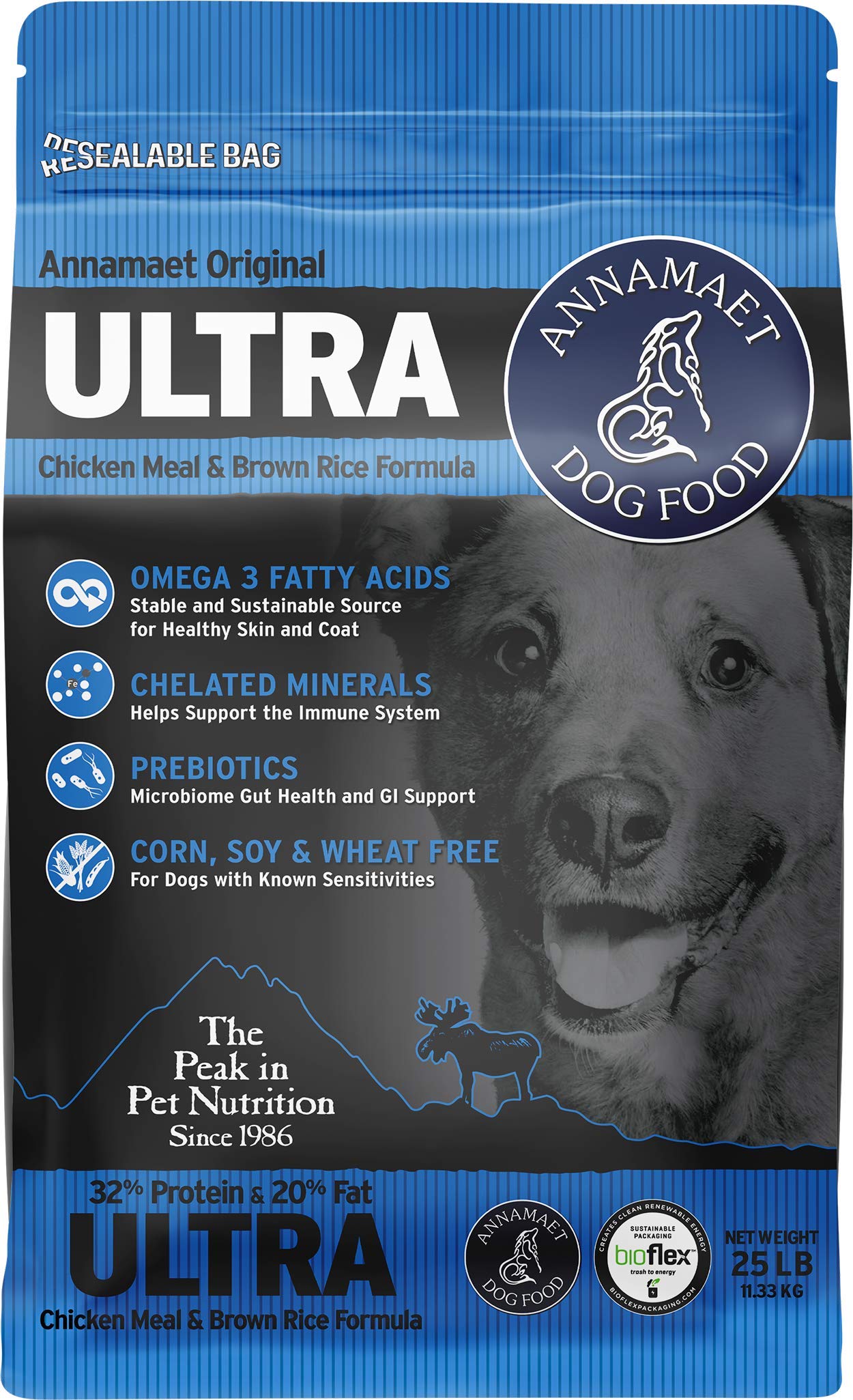 Annamaet Original Ultra Formula Dry Dog Food, 32% Protein (Chicken & Brown Rice), 25-lb Bag