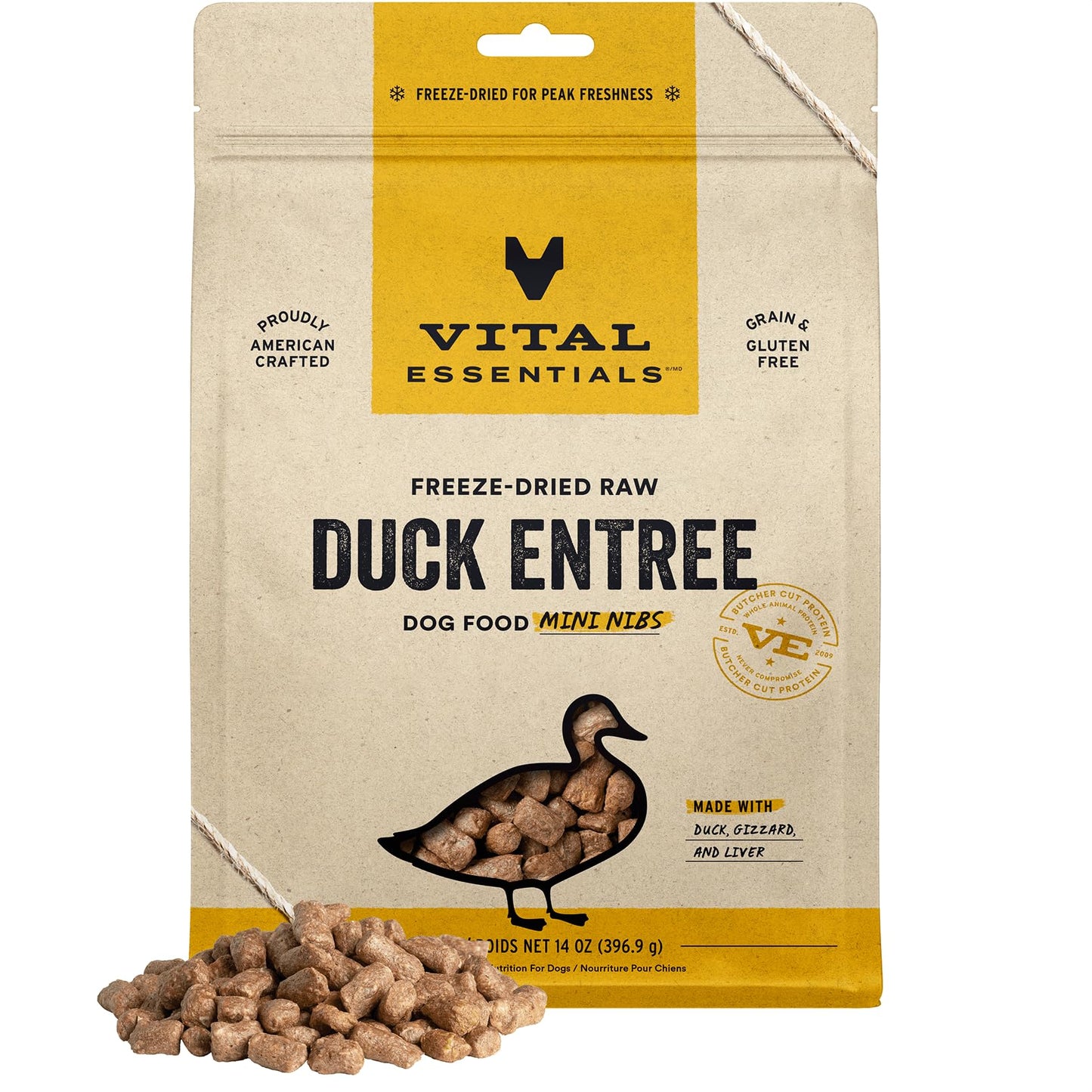 Vital Essentials Freeze Dried Raw Dog Food, Duck Mini Nibs Entree, 14 oz