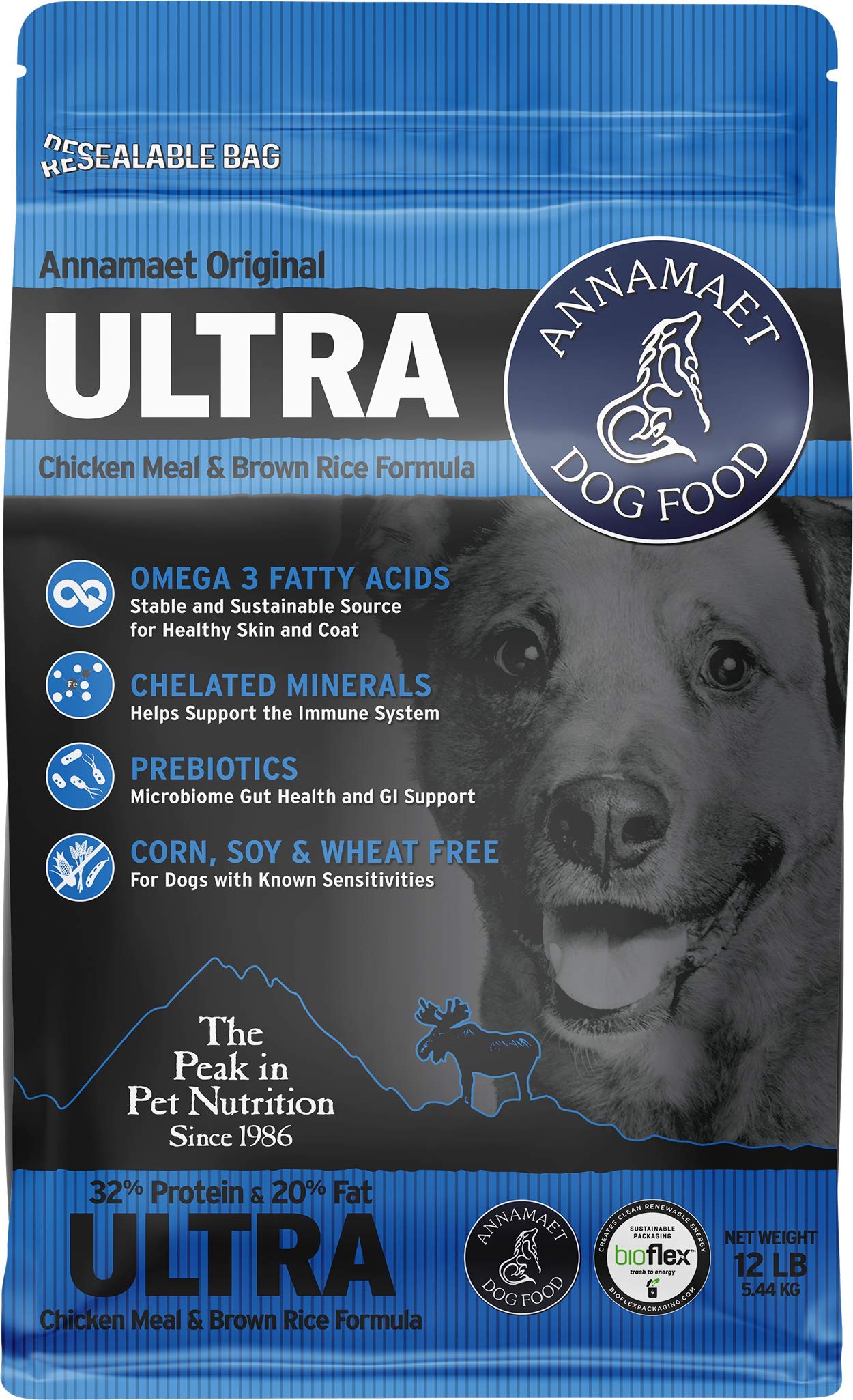 Annamaet Original Ultra Formula Dry Dog Food, 32% Protein (Chicken & Brown Rice), 12-lb Bag