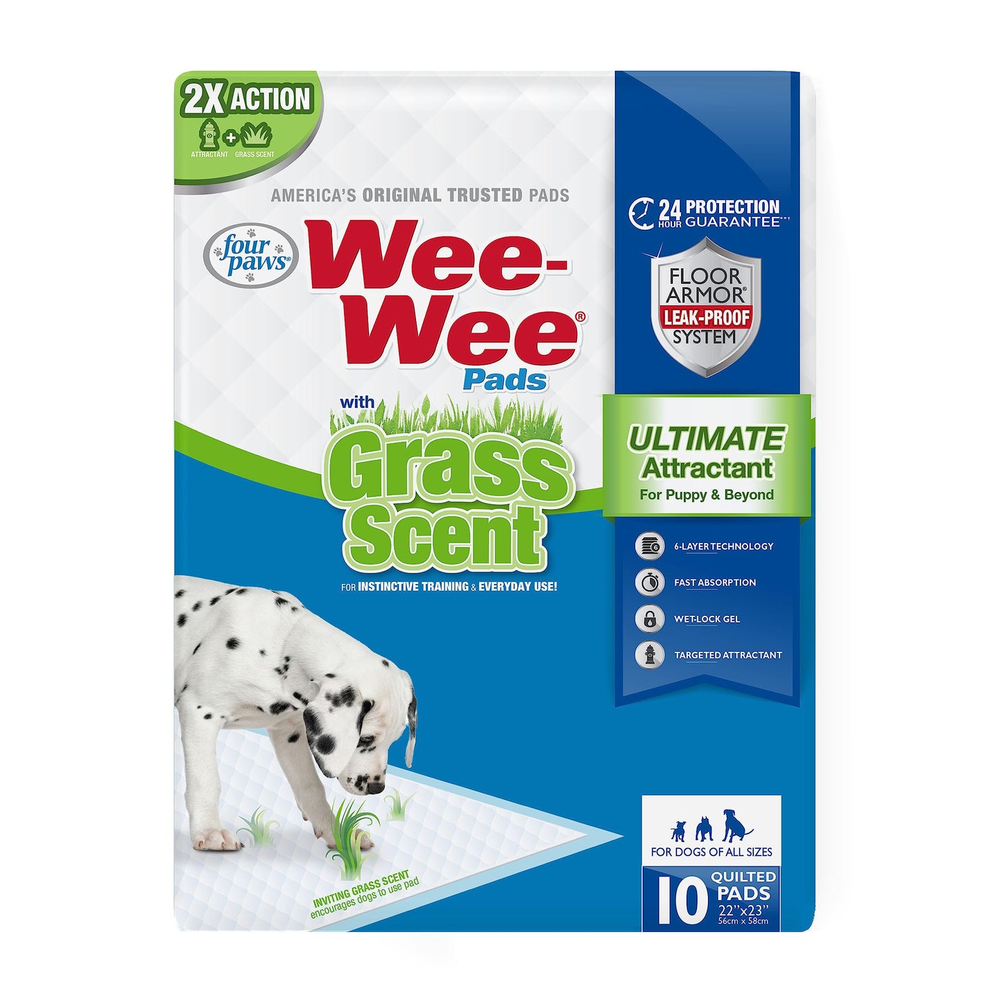 Four Paws Wee-Wee Ultimate Attractant Dog Pee Pads for Instinctive Training, Leak-Proof Floor Protection Dog & Puppy Quilted Potty Training Pads, Grass Scent, 22" x 23" (10 Count)