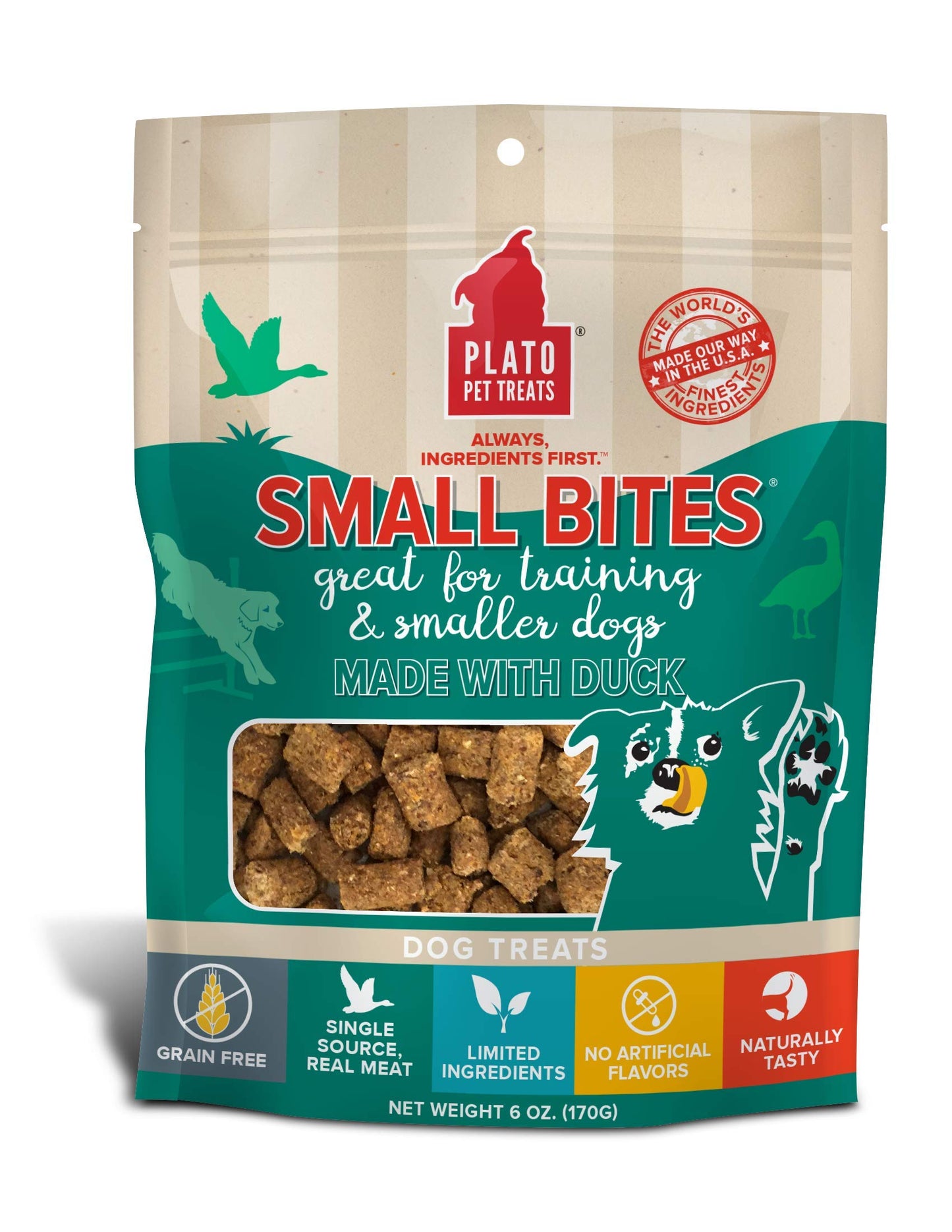 Plato Pet Treats Air Dried Small Bites Dog Treats, Natural Bite Sized Real Meat & Duck, Grain Free & High Protein, Made in the USA, 6oz