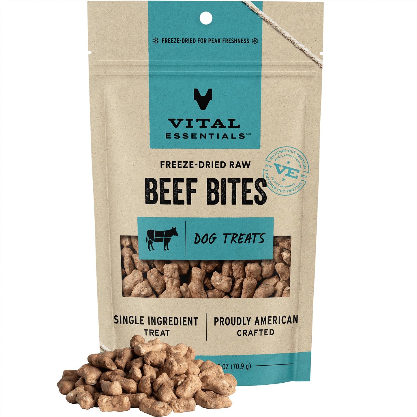 Vital Essentials Freeze Dried Raw Whole Animal Dog Treats, Beef Bites, 2.5 oz