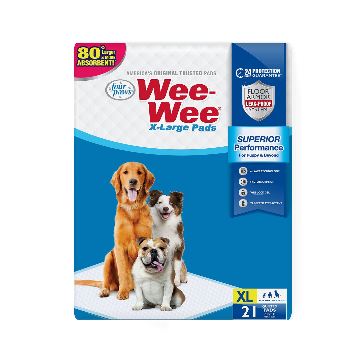 Four Paws Wee-Wee Superior Performance XL Pee Pads for Extra Large Dogs, Leak-Proof Floor Protection Dog & Puppy Quilted Potty Training Pads, Unscented, 28" x 34" (21 Count)