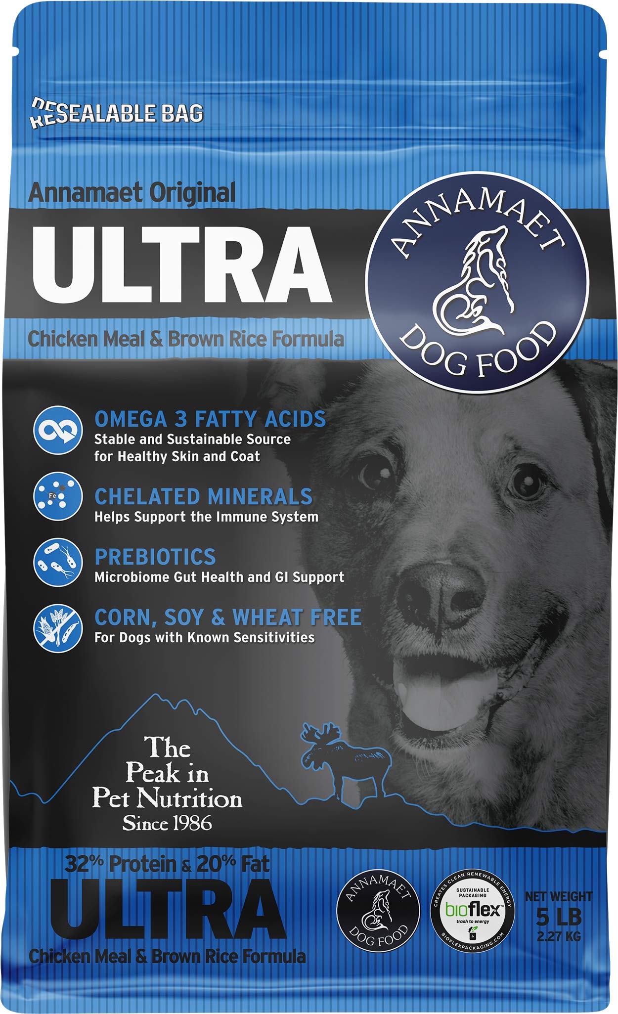 Annamaet Original Ultra Formula Dry Dog Food, 32% Protein (Chicken & Brown Rice), 5-lb Bag