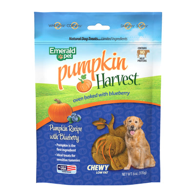 Emerald Pet Pumpkin Harvest Pumpkin Dog Treats - Low-Fat Chewy Natural Dog Treats with Pumpkin for Digestive Health - Meat Free, Poultry Free, Wheat Free Dog Treats - Blueberry, 6 oz