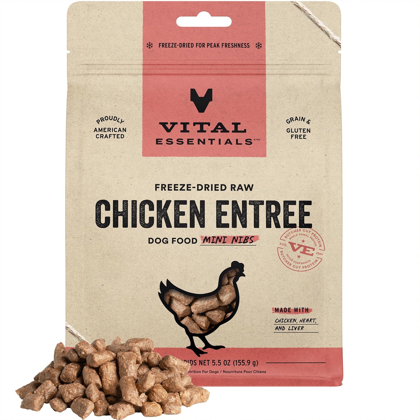 Vital Essentials Freeze Dried Raw Dog Food, Chicken Mini Nibs Entree, 5.5 oz