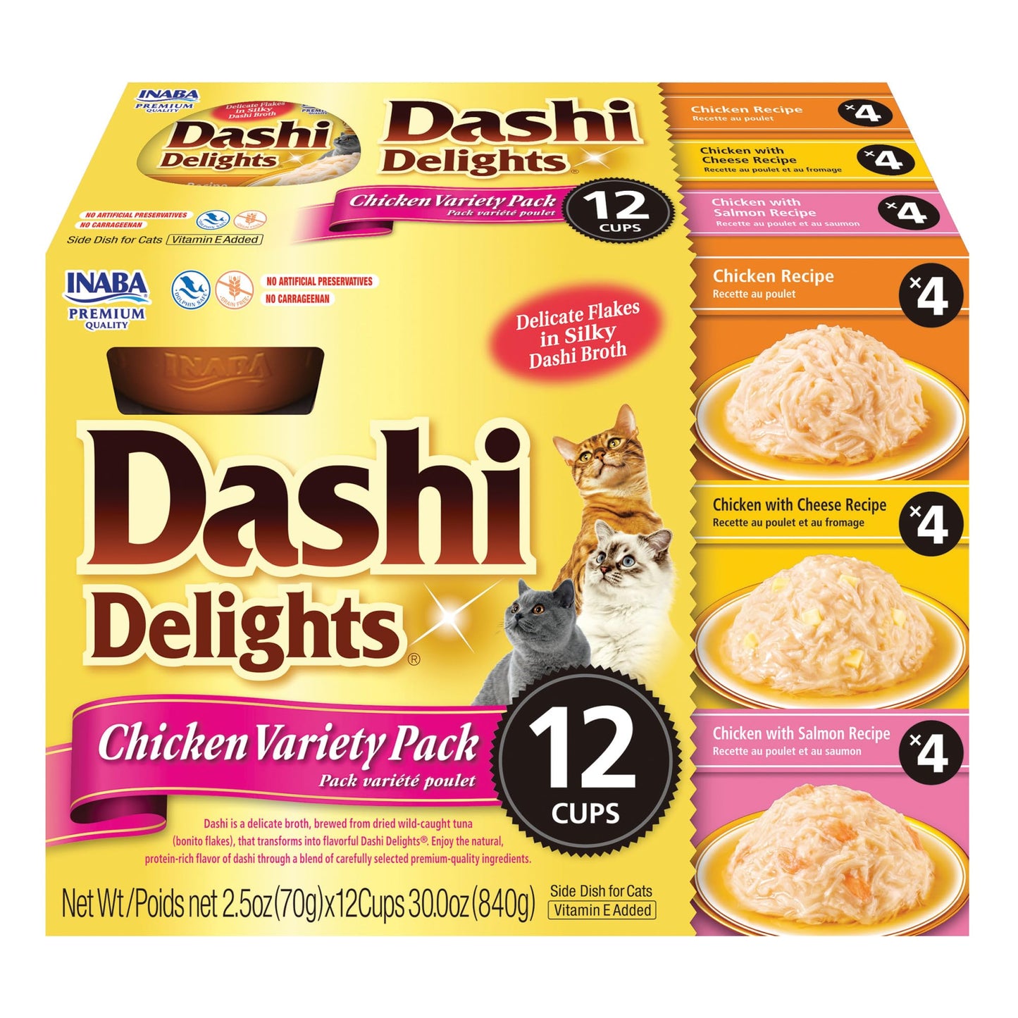 INABA Dashi Delights for Cats, Shredded Chicken with Bonito Flake Broth, 2.5 Ounce Cup, 12 Cups Total, Chicken Variety