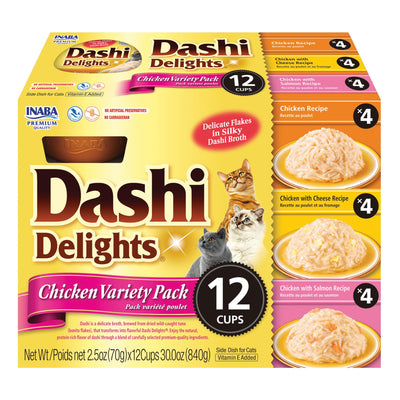 INABA Dashi Delights for Cats, Shredded Chicken with Bonito Flake Broth, 2.5 Ounce Cup, 12 Cups Total, Chicken Variety