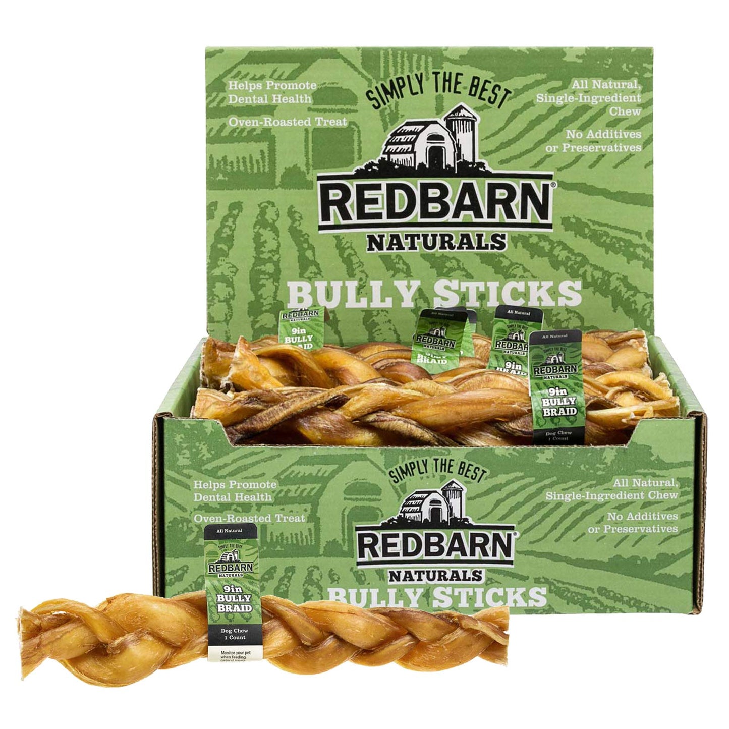 Redbarn 9" Braided Bully Sticks for Dogs. Natural, Grain-Free, Highly Palatable, Long-Lasting Dental Chews Sourced from Free-Range, Grass-Fed Cattle (1 Stick)