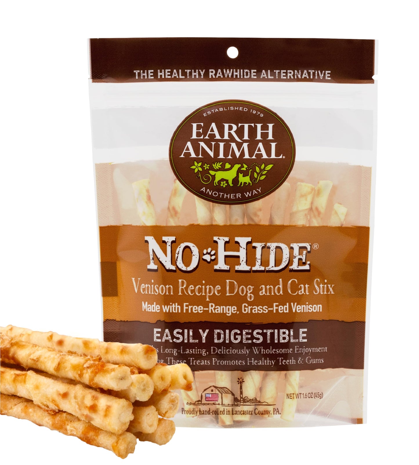 Earth Animal No Hide Stix Venison Flavored Natural Rawhide Free Dog Chews Long Lasting Dog Chew Sticks | Dog Treats for Small Dogs and Cats | Great Dog Chews for Aggressive Chewers (1 Pack)