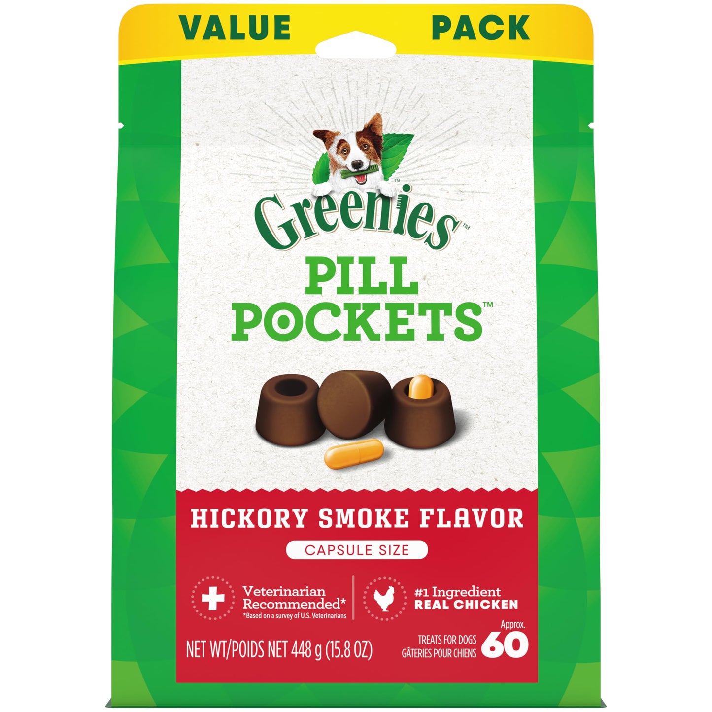 Greenies Pill Pockets for Dogs Capsule Size Natural Soft Dog Treats, Hickory Smoke Flavor, 15.8 oz. Pack (60 Treats)