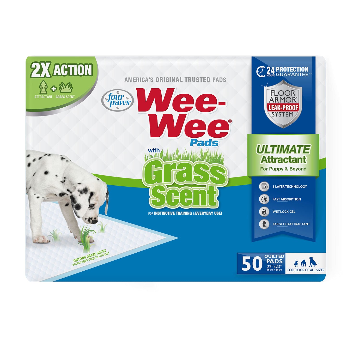 Four Paws Wee-Wee Ultimate Attractant Dog Pee Pads for Instinctive Training, Leak-Proof Floor Protection Dog & Puppy Quilted Potty Training Pads, Grass Scent, 22" x 23" (50 Count)