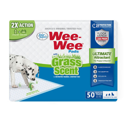 Four Paws Wee-Wee Ultimate Attractant Dog Pee Pads for Instinctive Training, Leak-Proof Floor Protection Dog & Puppy Quilted Potty Training Pads, Grass Scent, 22" x 23" (50 Count)