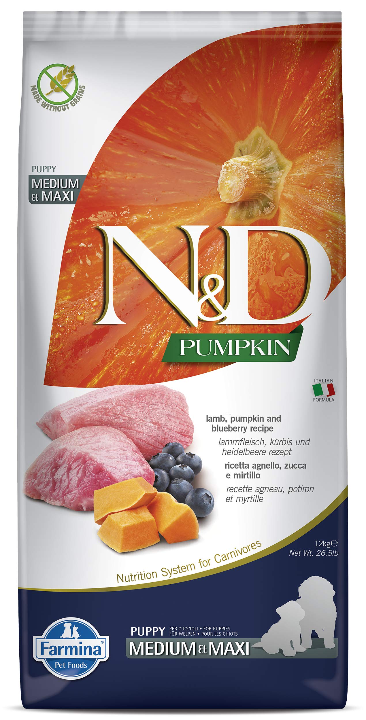 Farmina N&D Dry Puppy No-Grain Pumpkin Medium/Maxi Lamb & Blueberry 26.4 Pounds