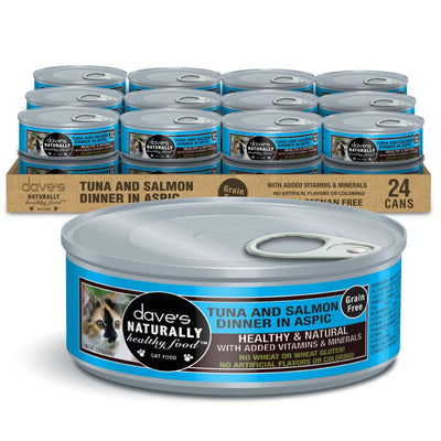 Dave's Pet Food Grain Free Wet Cat Food (Tuna & Salmon Dinner in Aspic), Naturally Healthy Canned Cat Food, Added Vitamins & Minerals, Wheat & Gluten-Free, 5.5 oz Cans (Case of 24)