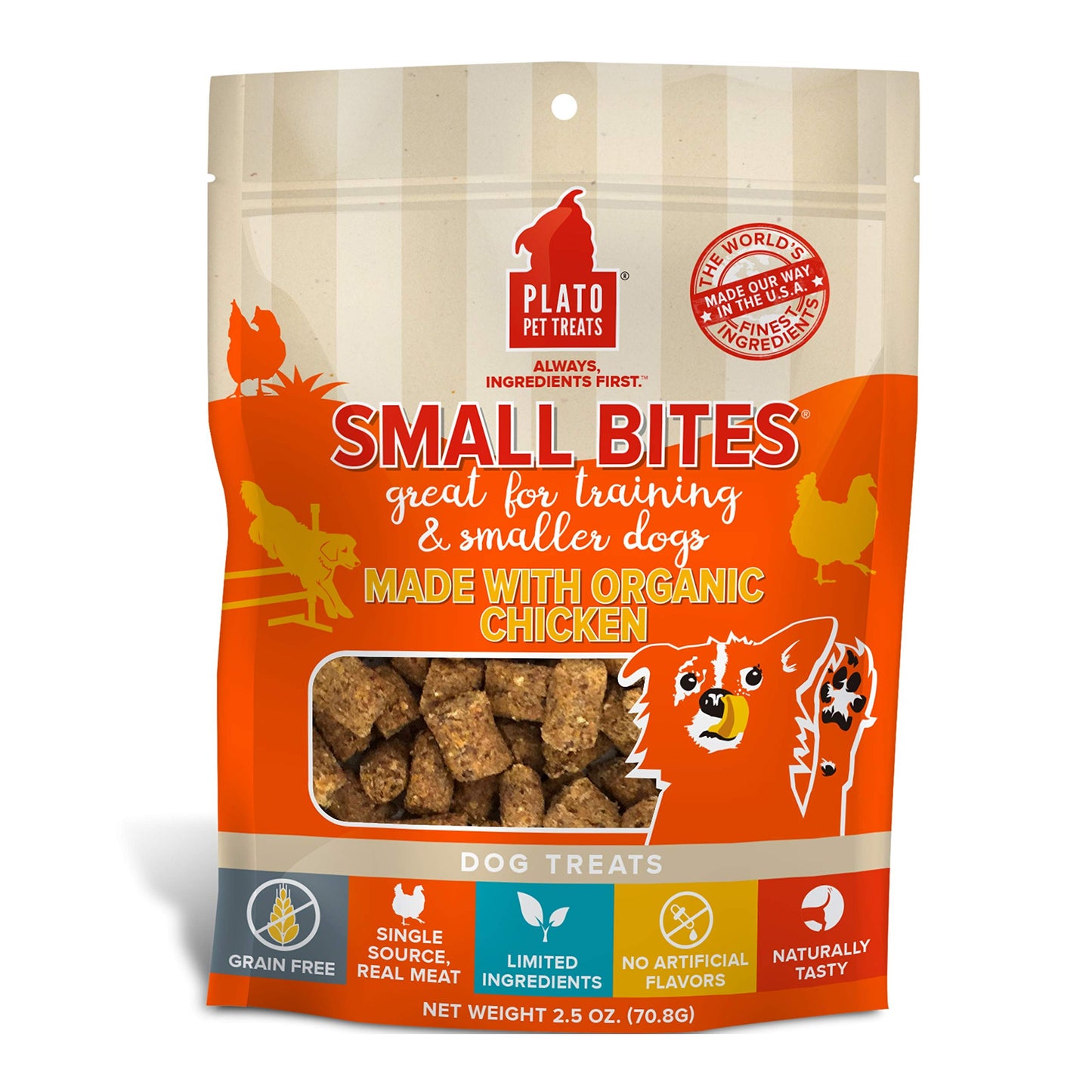 PLATO Small Bites Dog Treats, Natural Bite Sized Real Meat & Chicken Flavor, Grain Free & High in Protein, Air Dried Authentic Ingredients, 2 Calories Per Treat, Made in the USA, 2.5 Ounces