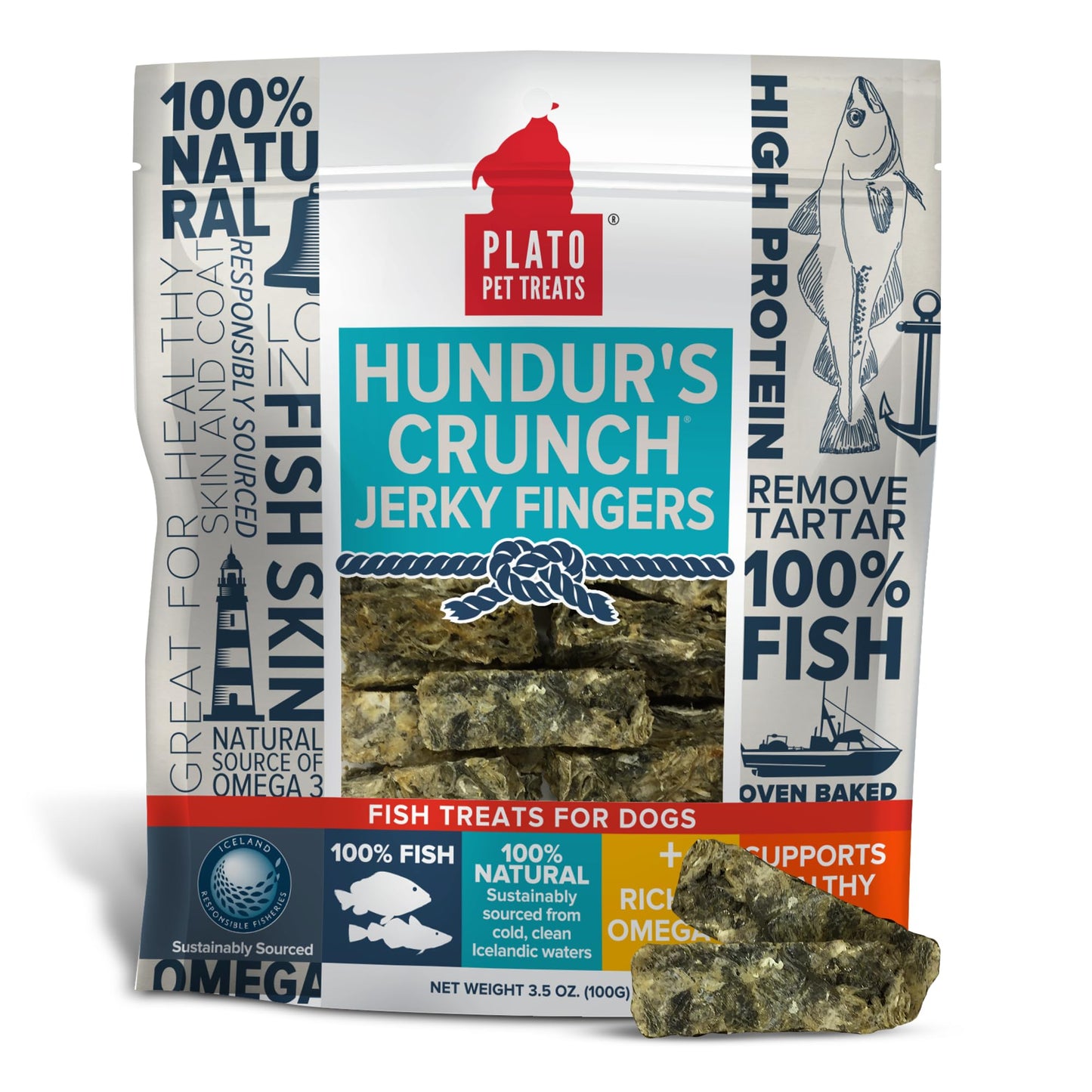 Plato Pet Treats Air Dried Dog Treats Hundur's Crunch Single Ingredient Cod Skin Dog Treats, Jerky Fingers, For Healthy Skin & Coat, Grain Free, All Natural Cod, Single Ingredient Fish, 3.5oz