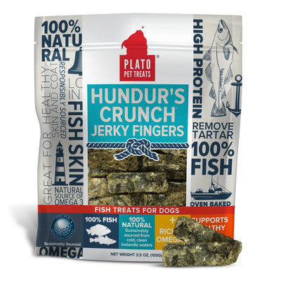 Plato Pet Treats Air Dried Dog Treats Hundur's Crunch Single Ingredient Cod Skin Dog Treats, Jerky Fingers, For Healthy Skin & Coat, Grain Free, All Natural Cod, Single Ingredient Fish, 3.5oz