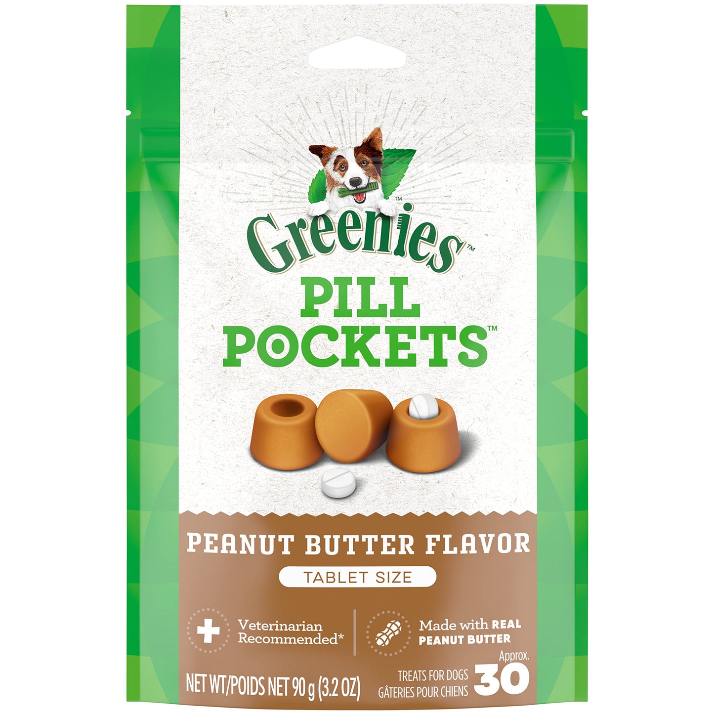 Greenies Pill Pockets for Dogs Tablet Size Natural Soft Dog Treats with Real Peanut Butter, 3.2 oz. Pack (30 Treats)