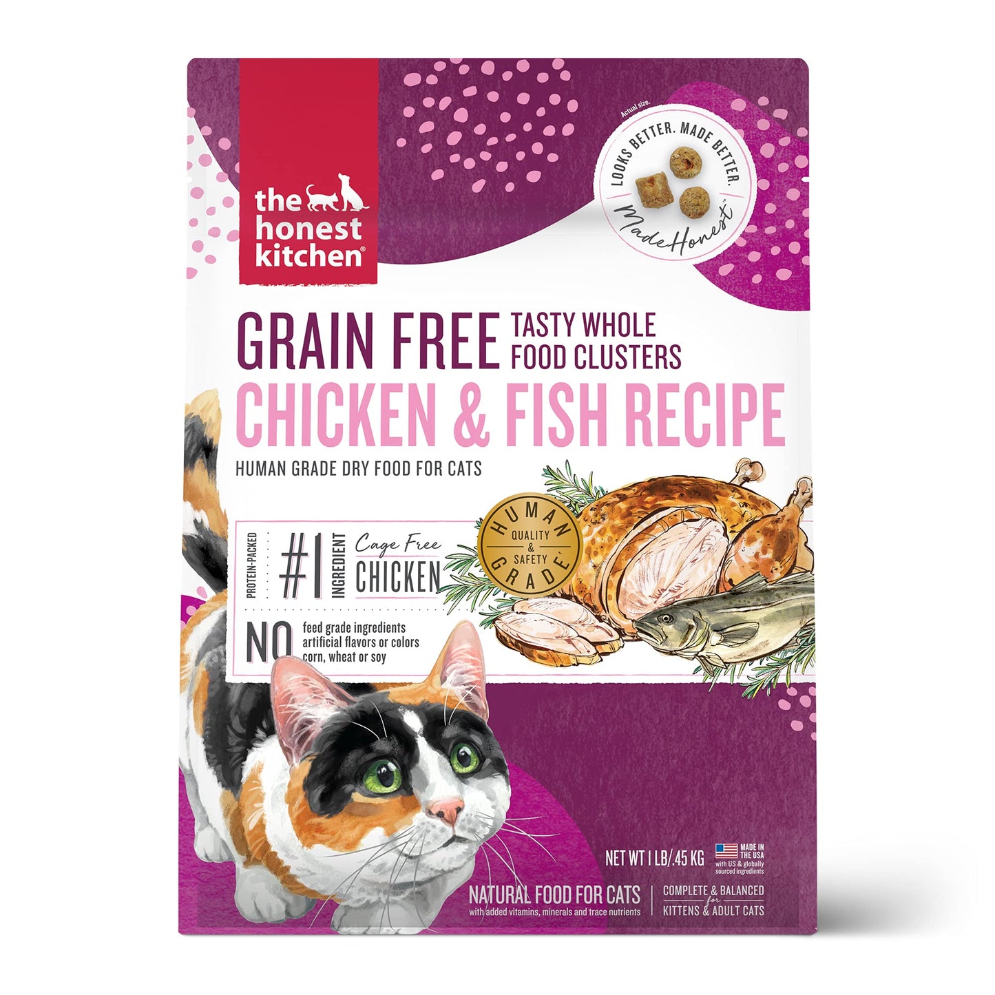 The Honest Kitchen Whole Food Clusters Grain Free Chicken & Fish Dry Cat Food, 1 lb Trial Pouch