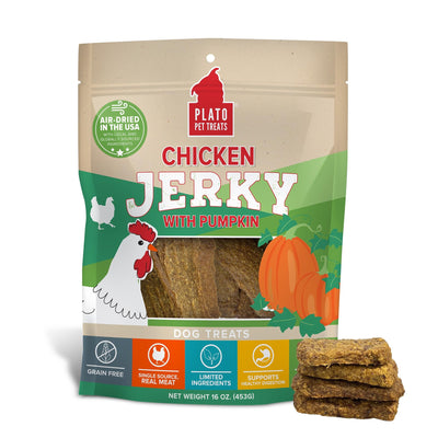 PLATO Pet Treats Air Dried, Real Meat, Chicken Jerky with Pumpkin Dog Treats, Made in The USA, Grain Free, 16oz