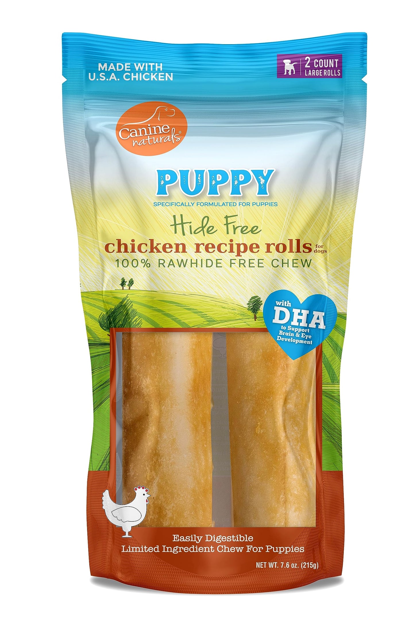 Canine Naturals Puppy Chicken and Rice Chew - Rawhide Free Puppy Treats - Made with USA Chicken - All-Natural & Easily Digestible - 2 Pack of 7-Inch Rolls for Puppies