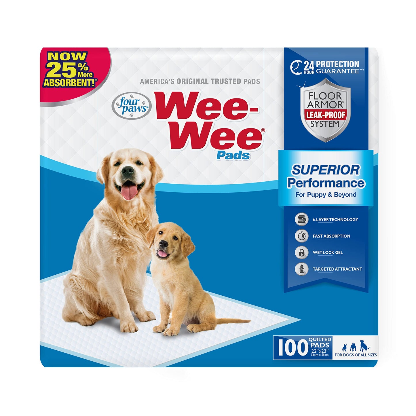 Four Paws Wee-Wee Superior Performance Pee Pads for Dogs of All Sizes, Leak-Proof Floor Protection Dog & Puppy Quilted Potty Training Pads, Unscented, 22" x 23" (100 Count)