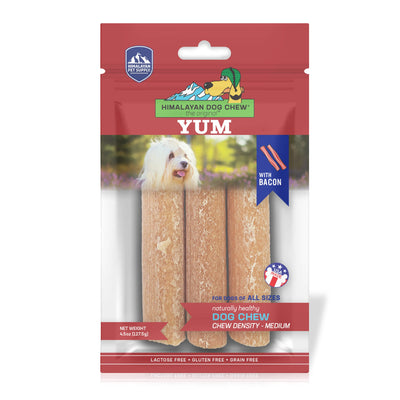 Himalayan Dog Chew Yak Cheese Dog Chews, Lactose Free & Grain Free, USA Made, For All Dog Breeds, Medium Density Cheese Chew, Resealable Pouch with 3 YUM Treats, Bacon Flavor