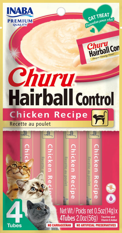 INABA Churu for Cats, Functional, Creamy Lickable Purée Cat Treat for Hairball Control with Taurine & Vitamin E, 0.5 Ounces Each, 4 Tubes (1 Pack), Chicken Recipe