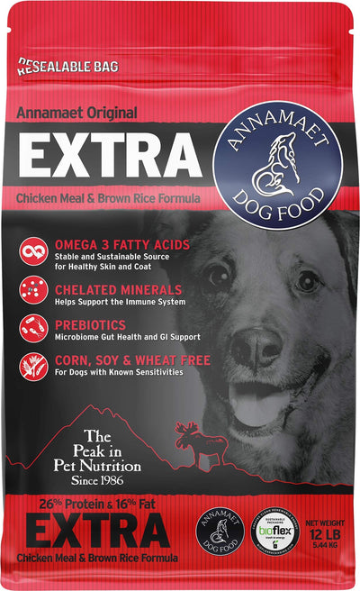 Annamaet Original Extra Formula Dry Dog Food, 26% Protein (Chicken & Brown Rice), 12-lb Bag