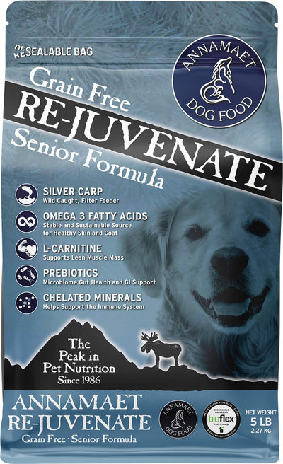 Annamaet Grain-Free Re-Juvenate Senior Formula Dry Dog Food, (Fresh Silver Carp & Turkey), 5-lb Bag, Brown