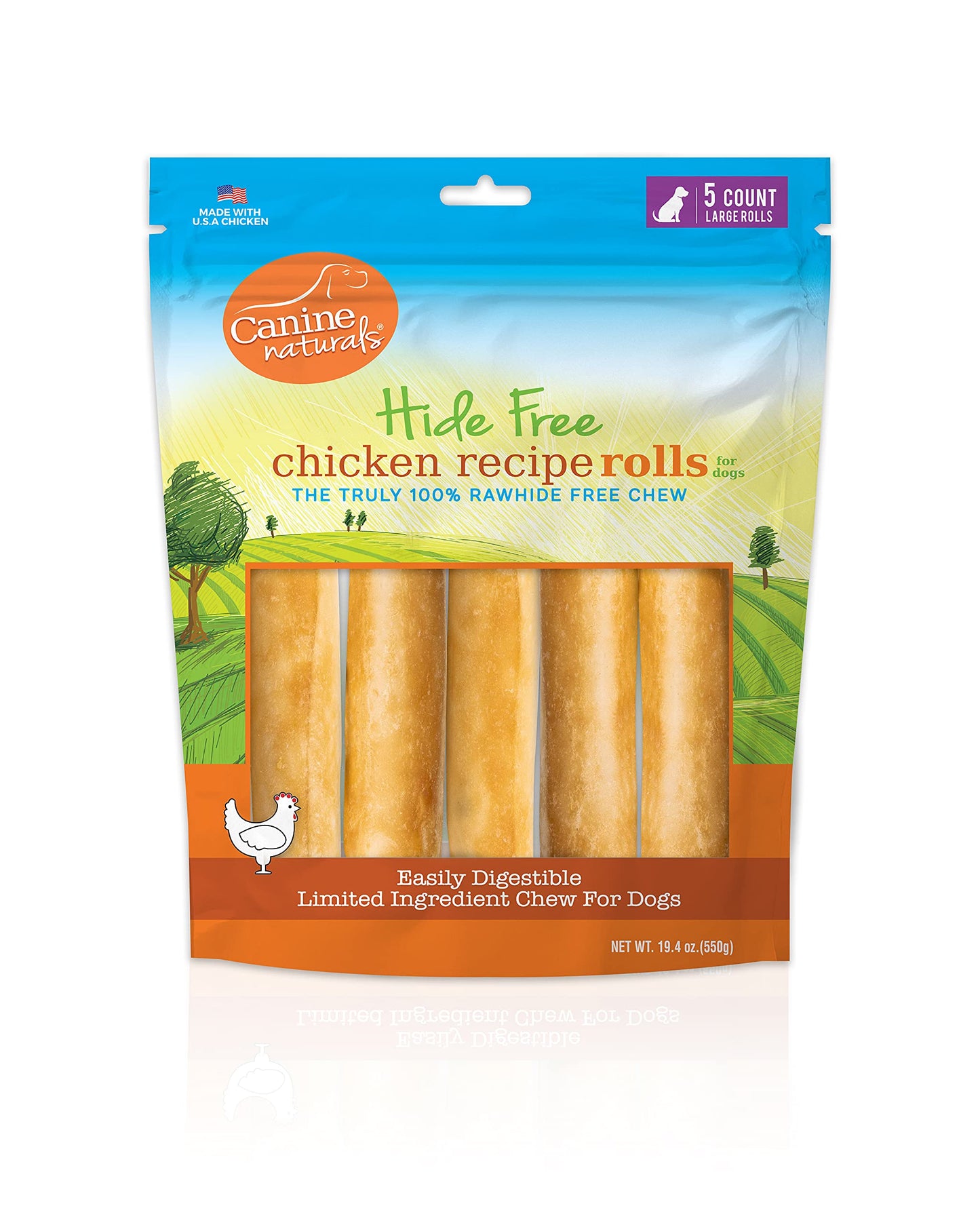 Canine Naturals Chicken Recipe Chew - Rawhide Free Dog Treats - Made from USA Raised Chicken - All-Natural and Easily Digestible - 5 Pack of 7 Inch Large Rolls for Dogs 50-75lb