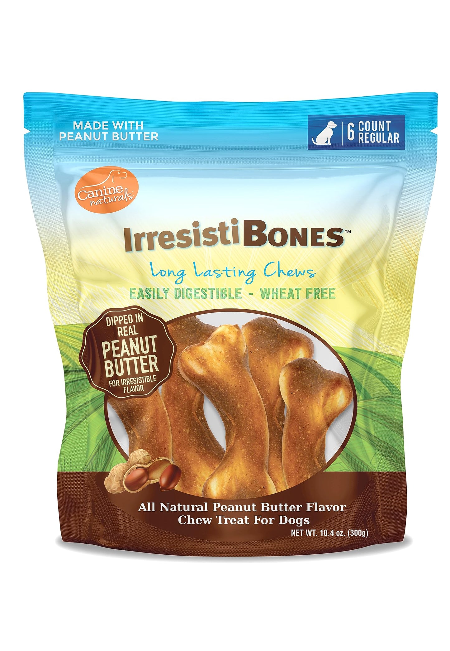 Canine Naturals IrresistiBONES Long Lasting Peanut Butter Chew - Made with Real Peanut Butter - All Natural and Easily Digestible - 6 Pack