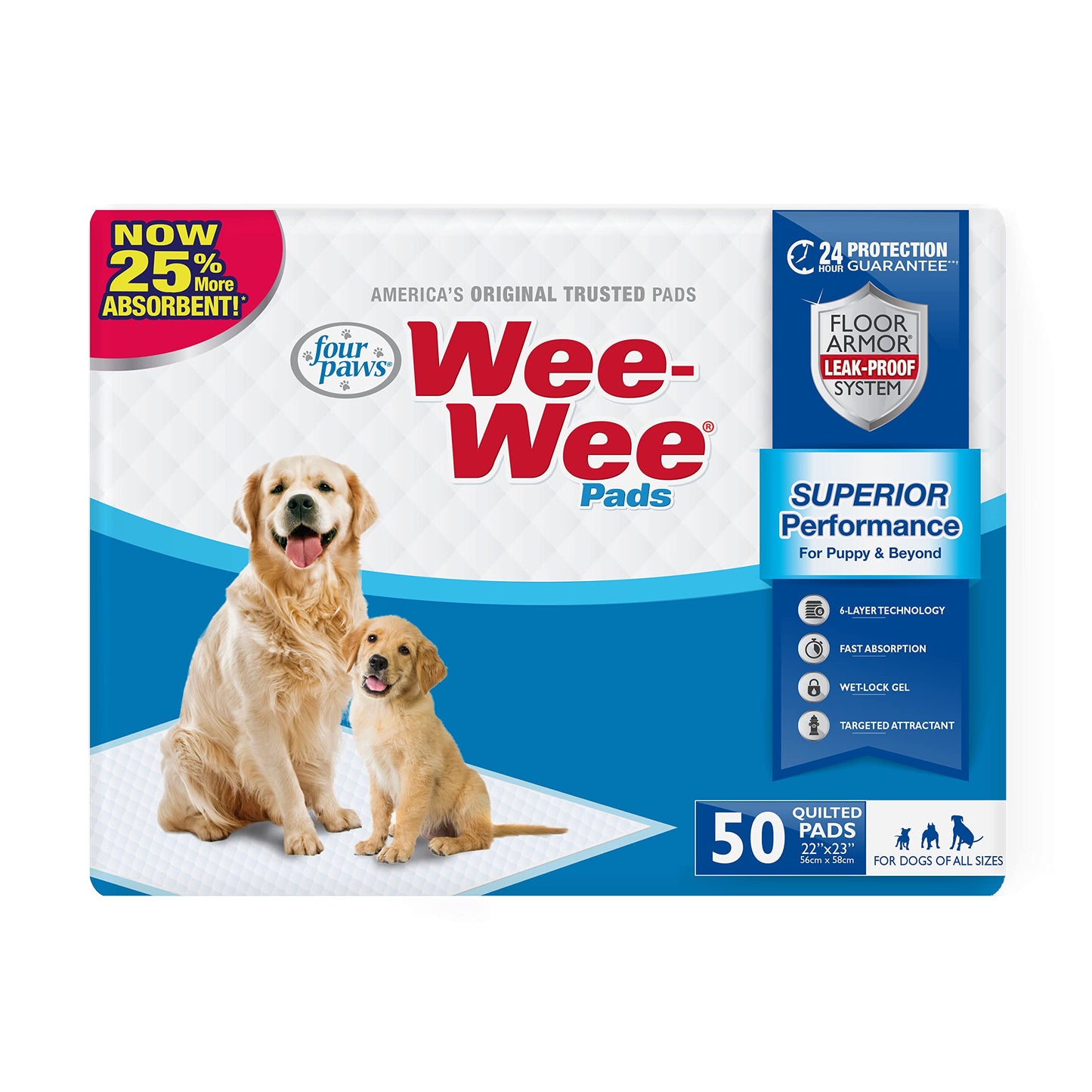 Four Paws Wee-Wee Superior Performance Pee Pads for Dogs of All Sizes, Leak-Proof Floor Protection Dog & Puppy Quilted Potty Training Pads, Unscented, 22" x 23" (50 Count)