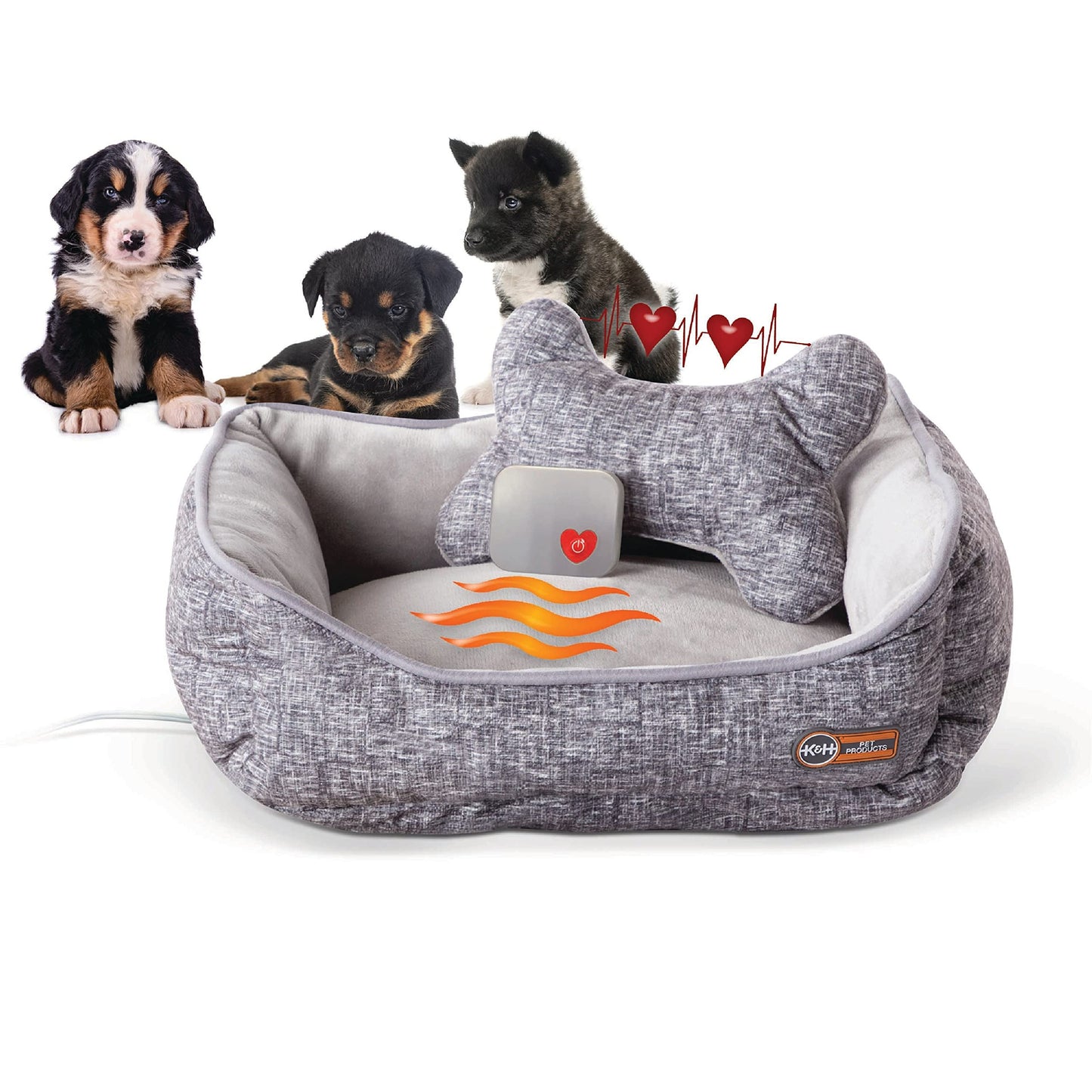 K&H Pet Products Mother's Heartbeat Heated Dog Bed with Bone Pillow Heartbeat Puppy Toy, New Puppy Essential Heated Puppy Bed + Dog Anxiety Toy - Gray 16 X 20 Inches w/ Large Breed Heartbeat Rhythm