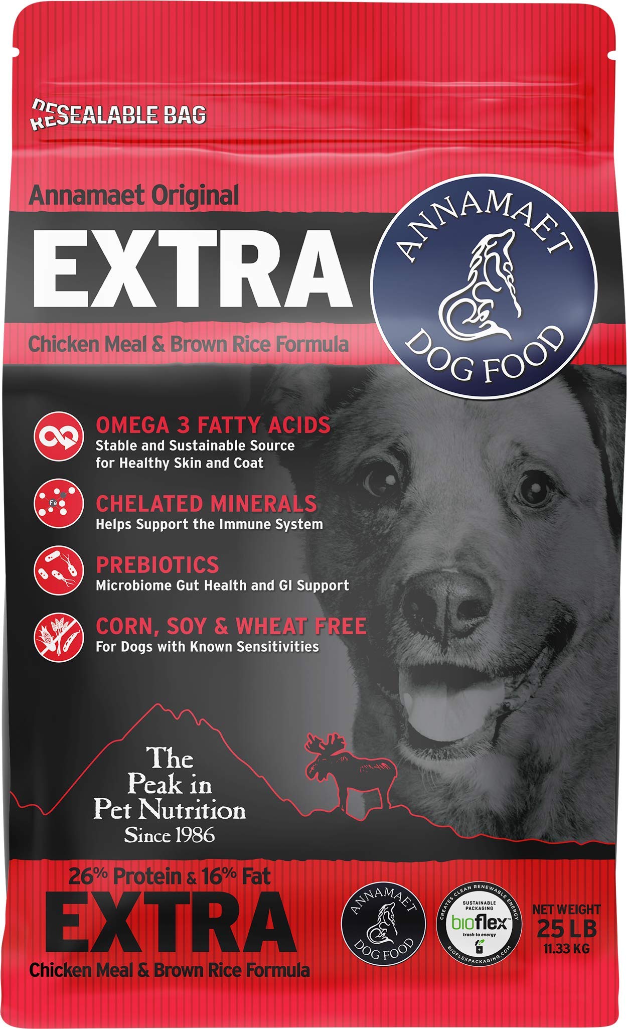 Annamaet Original Extra Formula Dry Dog Food, 26% Protein (Chicken & Brown Rice), 25-lb Bag