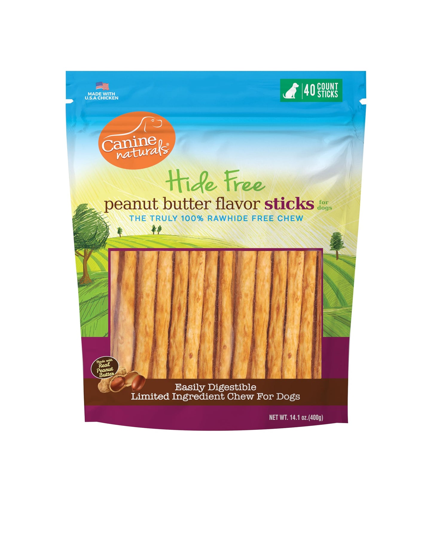 Canine Naturals Peanut Butter Chew - Rawhide Free and Dog Treats - Made from Real Peanut Butter - All-Natural and Easily Digestible - 40 Pack of 5 Inch Stick Chews