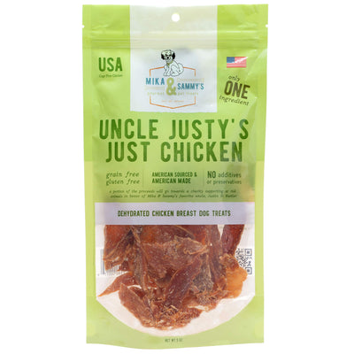 Gourmet Jerky Dog Treats - Natural Dog Treat Chicken Jerky for Dogs, Nutritious and Tasty Dog Jerky Treats Made in USA only, Cage-Free Chicken, No Additives(Mika & Sammy's Unlcle Justy's 5 oz)