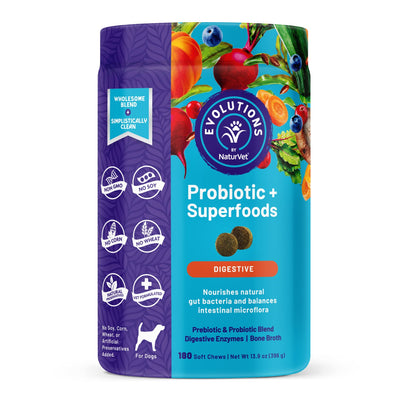 NaturVet Evolutions Probiotic & Superfoods 180ct Soft Chews for Dogs - Prebiotic & Probiotic Blend, Digestive Enzymes, Bone Broth, Omega's - Nourishes Natural Gut Bacteria and Intestinal Microflora