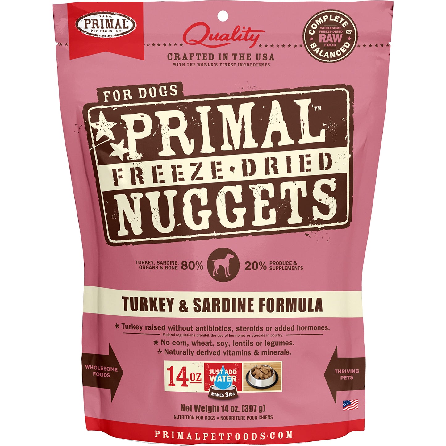 Primal Freeze Dried Raw Dog Food Nuggets, Turkey & Sardine Complete & Balanced Meal, Also Use as Topper or Treat, Premium, Healthy, Grain Free, High Protein Raw Dog Food, 14 oz