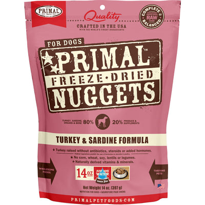 Primal Freeze Dried Raw Dog Food Nuggets, Turkey & Sardine Complete & Balanced Meal, Also Use as Topper or Treat, Premium, Healthy, Grain Free, High Protein Raw Dog Food, 14 oz