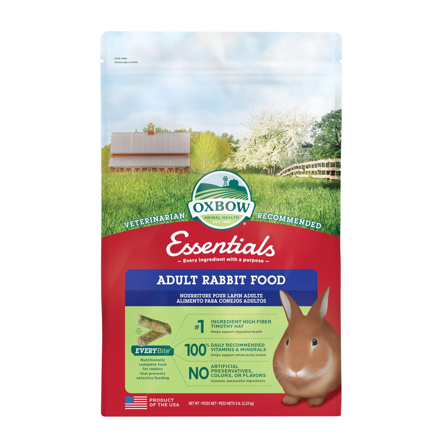 Oxbow Essentials Adult Rabbit Food - All Natural Adult Rabbit Pellets - Veterinarian Recommended- No Artificial Ingredients- All Natural Vitamins & Minerals- Made in the USA- 5 lb.