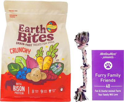 Earthborn Holistic Earth Bites Crunchy Dog Treats - Grain Free - 9 Super Foods with Bison Protein (2 Lbs) - Plus Rope Toy and Fun Animal Facts Booklet Bundle