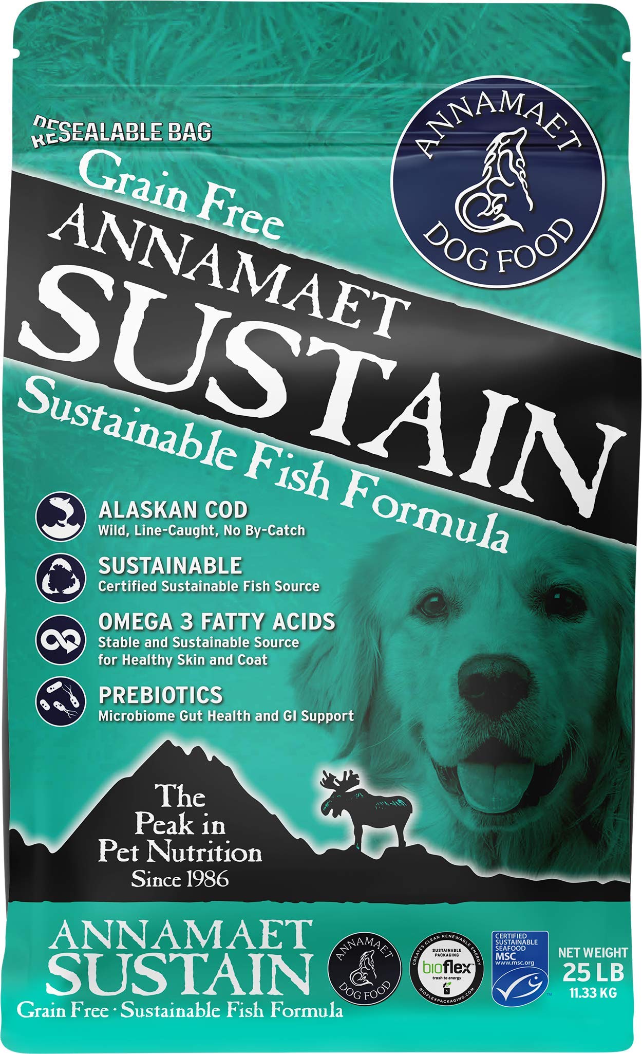 Annamaet Grain-Free Sustain Formula Dry Dog Food, (Line-Caught Cod & Free-Range Turkey), 25-lb Bag