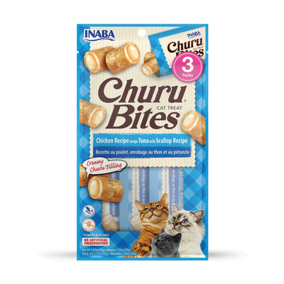 INABA Churu Bites for Cats, Soft Baked Chicken Churu Filled Cat Treats with Green Tea Extract, 0.35 Ounces Each Tube, 3 Tubes Total, Tuna with Scallop Recipe