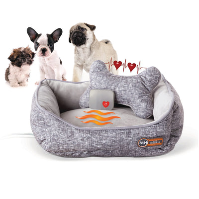 K&H Pet Products Mother's Heartbeat Heated Dog Bed with Bone Pillow Heartbeat Puppy Toy, New Puppy Essential Heated Puppy Bed + Dog Anxiety Toy - Gray 11 X 13 Inches w/ Small Breed Heartbeat Rhythm