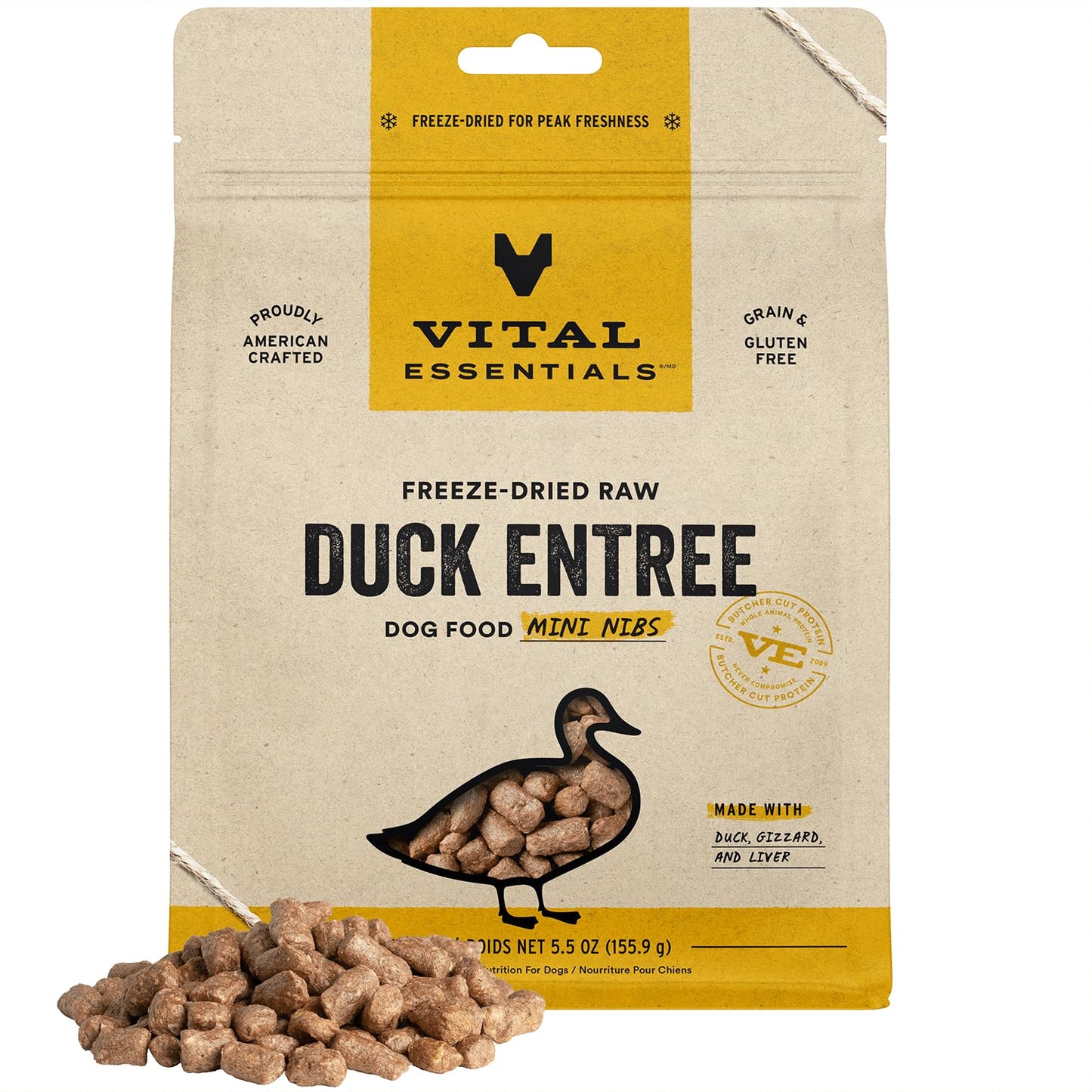 Vital Essentials Freeze Dried Raw Dog Food, Duck Mini Nibs Entree, 5.5 oz